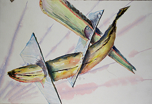 "Sliced Health" Watercolor on heavy paper.  Pictures a banana and a stalk of celery sliced by two panes of glass.